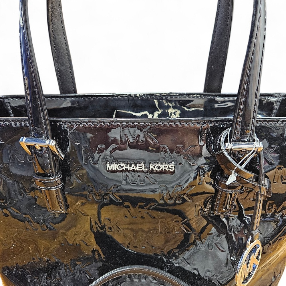 Michael Kors Jet Set Small Metallic Logo Debossed Convertible Tote Bag Black - Picture 10 of 14